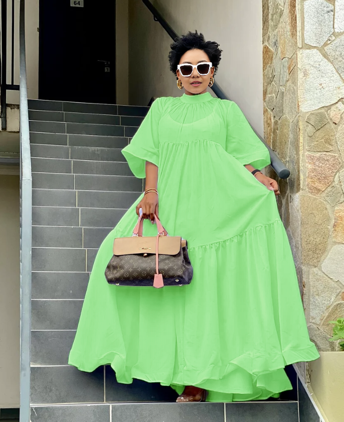 Loose-fit tiered maxi dress, bright green with short sleeves and high neckline